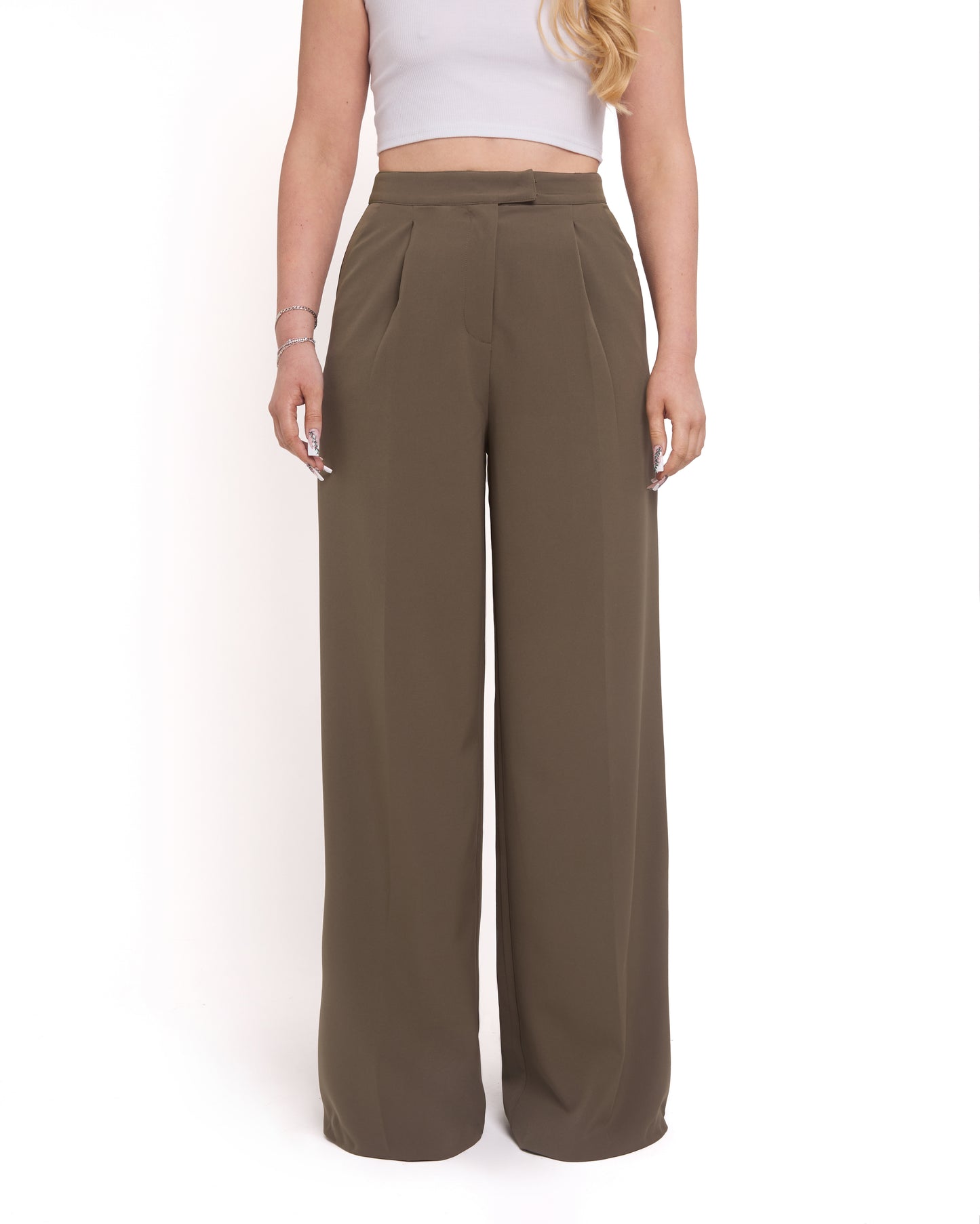 Wide Leg Tailored Trousers- Olive Green