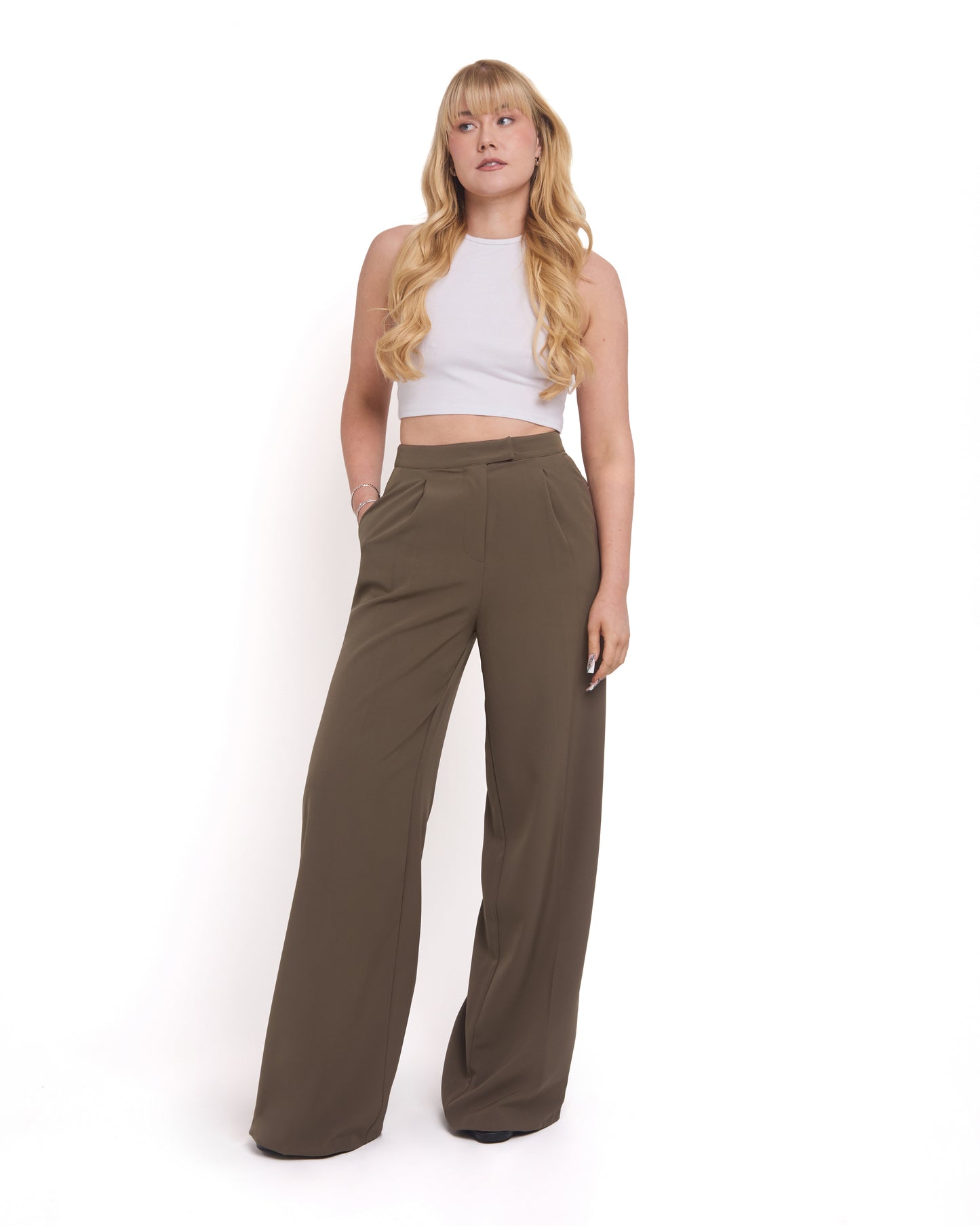 Wide Leg Tailored Trousers- Olive Green